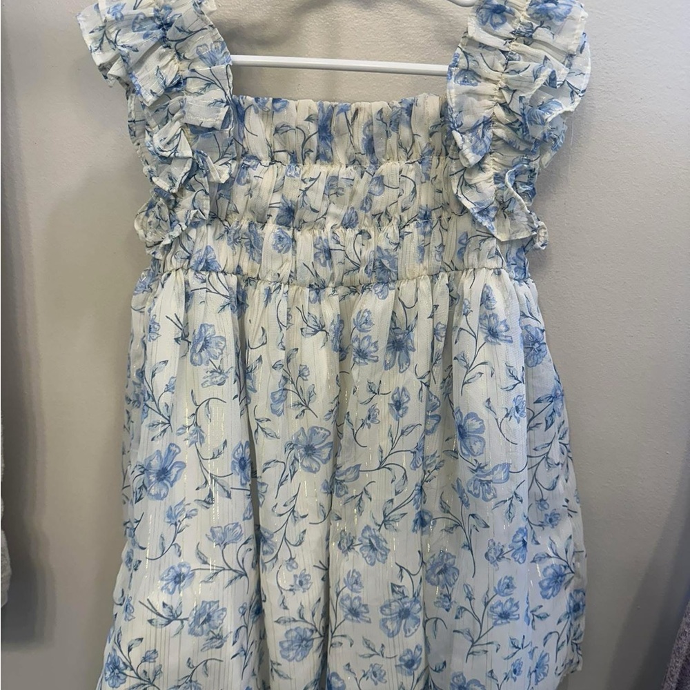 Floral Ruffle Dress in Blue and White